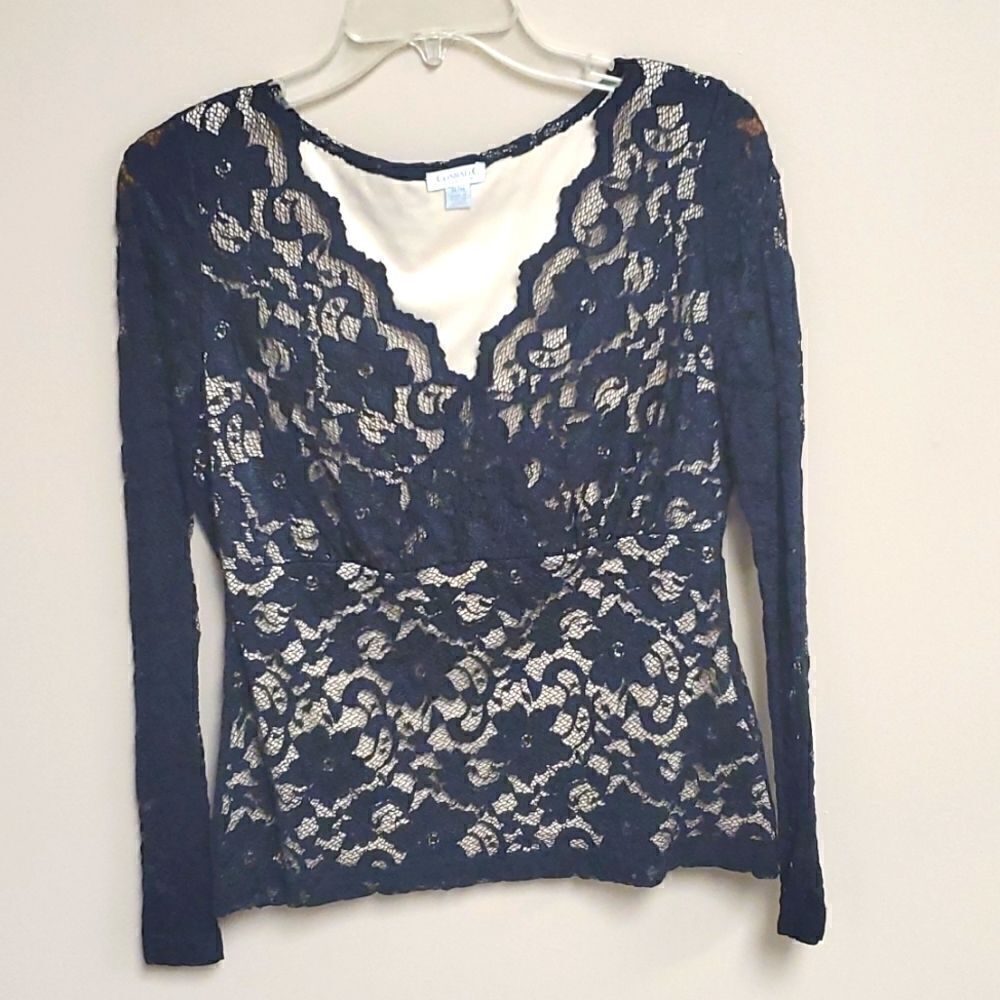 ‎CONRAD C. Black Lace V-neck Long Sleeve Top - Size Medium